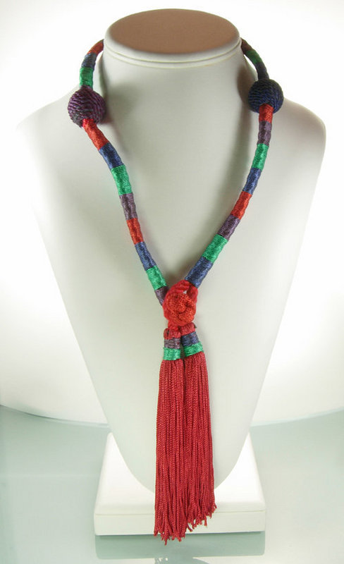 French Drop Necklace Multi Color Silk Beads, Tassels