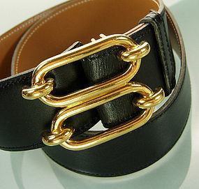 1970s Hermes Equestrian Motif Buckle Black Leather Belt
