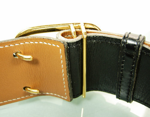 1970s Hermes Equestrian Motif Buckle Black Leather Belt