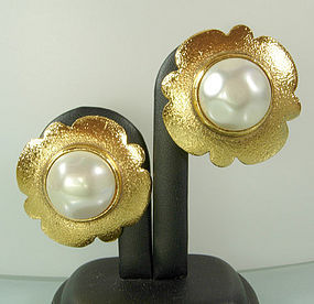 Signed Chanel Faux Pearl and Textured Goldtone Earrings