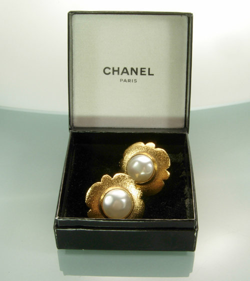 Signed Chanel Faux Pearl and Textured Goldtone Earrings