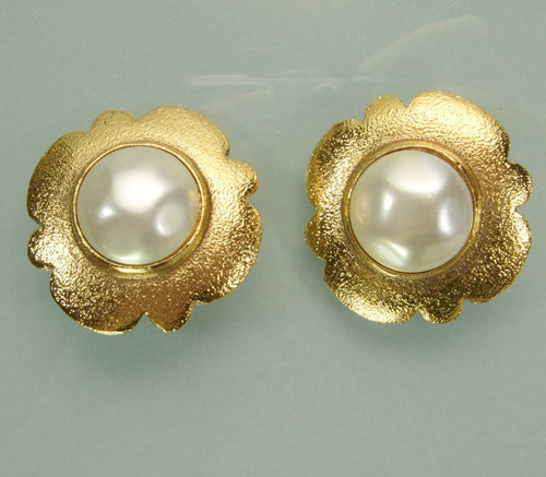 Signed Chanel Faux Pearl and Textured Goldtone Earrings