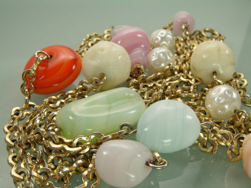 1960s French Glass Rope Necklace Vermilion, Pink, Green