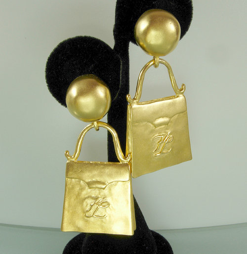 Signed Karl Lagerfeld Large Drop Earrings Handbag Motif