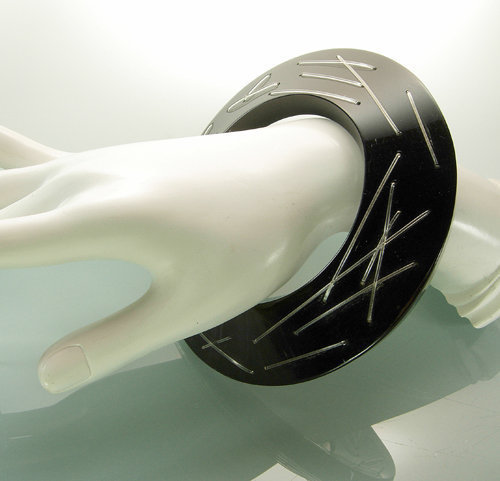 Huge Couture Modernist Black Lucite &quot;Stitched&quot; Bangle