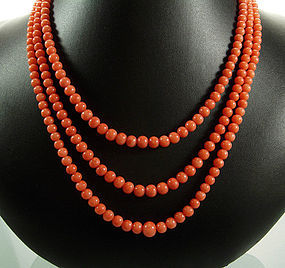 C 1930 3 Strand Pink Coral Beaded Necklace 14K Clasp