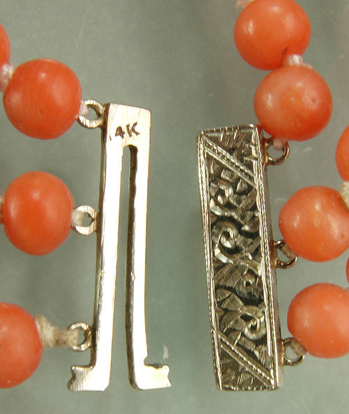 C 1930 3 Strand Pink Coral Beaded Necklace 14K Clasp