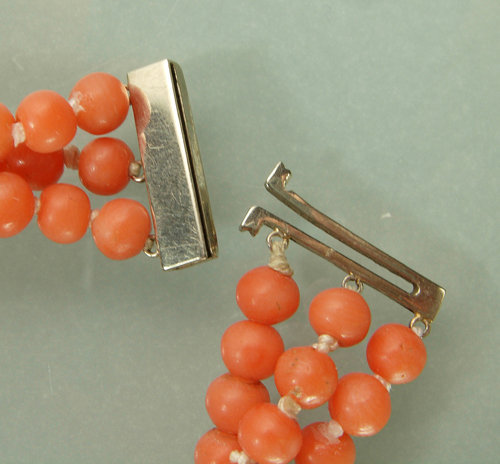 C 1930 3 Strand Pink Coral Beaded Necklace 14K Clasp