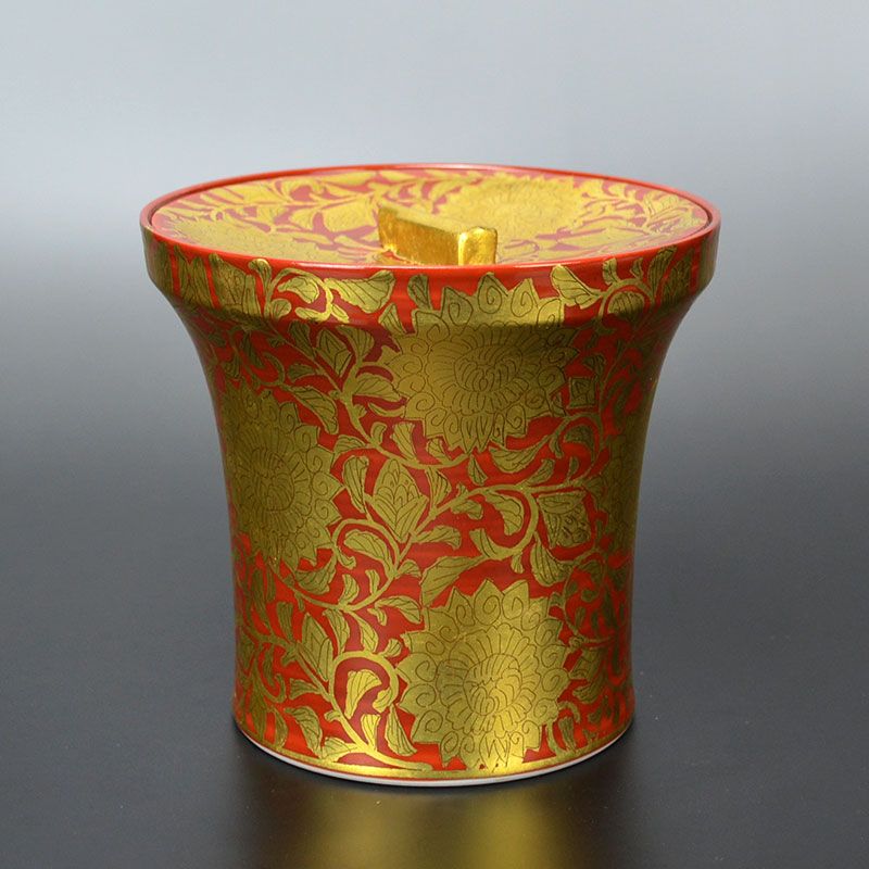 Exquisite Red Kinsai Mizusashi Water Jar by Ono Hakuko