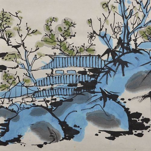 Blue Landscape Scroll by Female Potter Shigemori Yoko