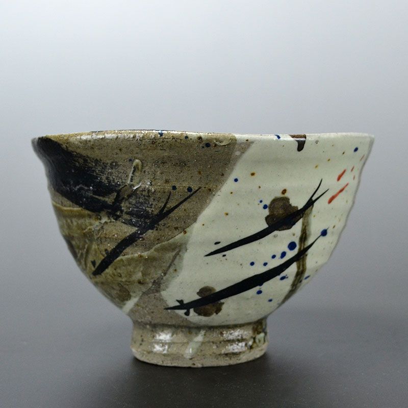 Blue spotted Oribe Chawan by Shigemori Yoko