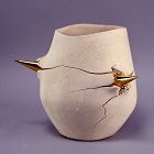 White Matte Vase with Gold Thorns by Masatomo Toi