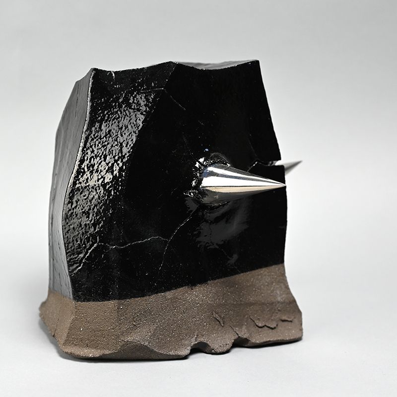 Unusual Kurinuki Black Clay Vase by Masatomo Toi