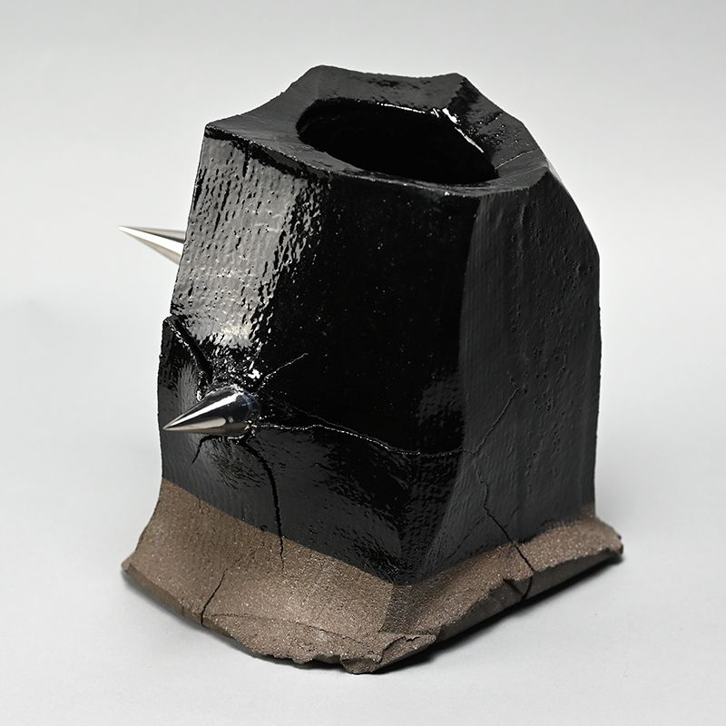 Unusual Kurinuki Black Clay Vase by Masatomo Toi
