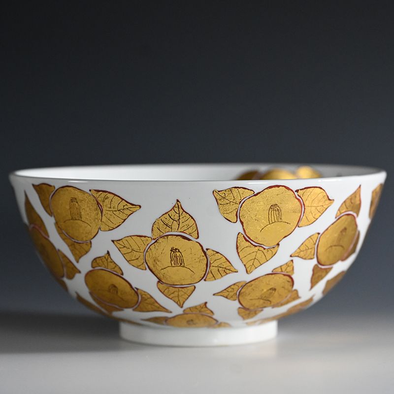 Ono Hakuko Rare White Porcelain Bowl with Camellia Flowers
