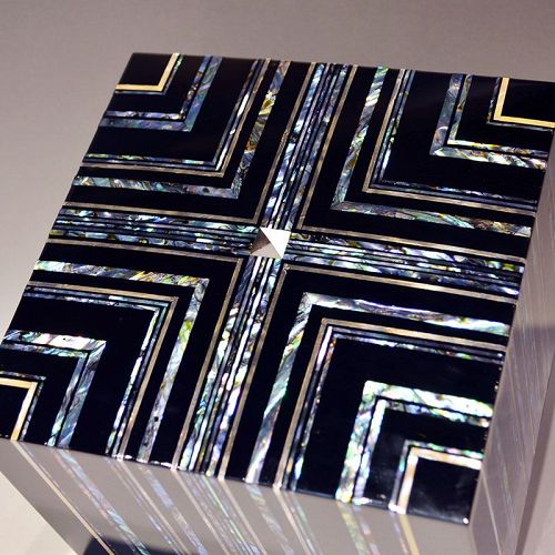 Striking Inlaid Geometric Lacquer Box by Okada Yuji