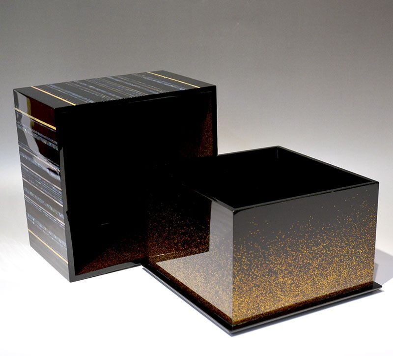 Striking Inlaid Geometric Lacquer Box by Okada Yuji