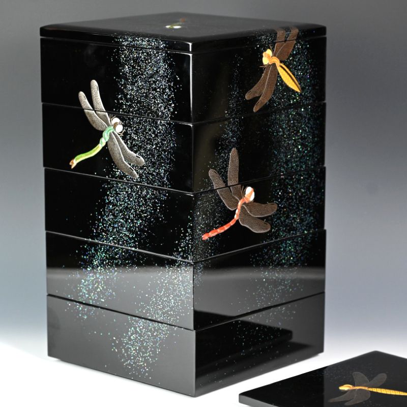 Jubako Lacquered Stacking Box with Dragonflies by Okada Yuji
