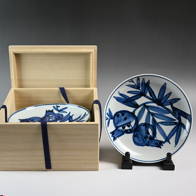 Set Five Blue &amp; White Porcelain Plates by LNT Kondo Yuzo