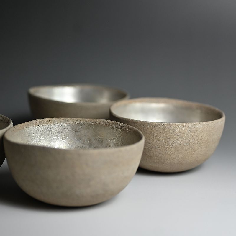Haunting Yamada Akira Set of Five Silver Glazed Bowls