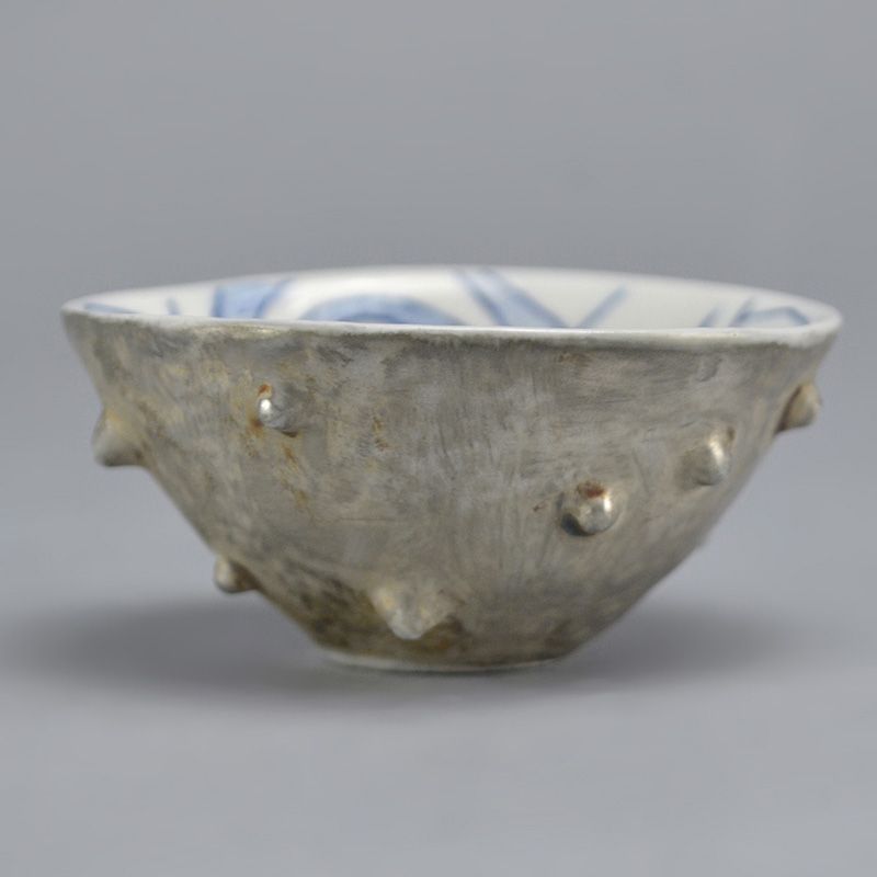 Silver-bound Porcelain Sake Cup by Nakashima Katsuko