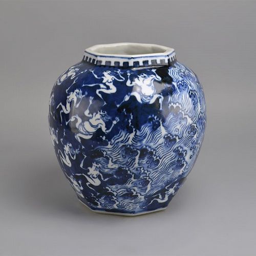 Kawamoto Goro Eight Sided Blue & White Vase, Waves