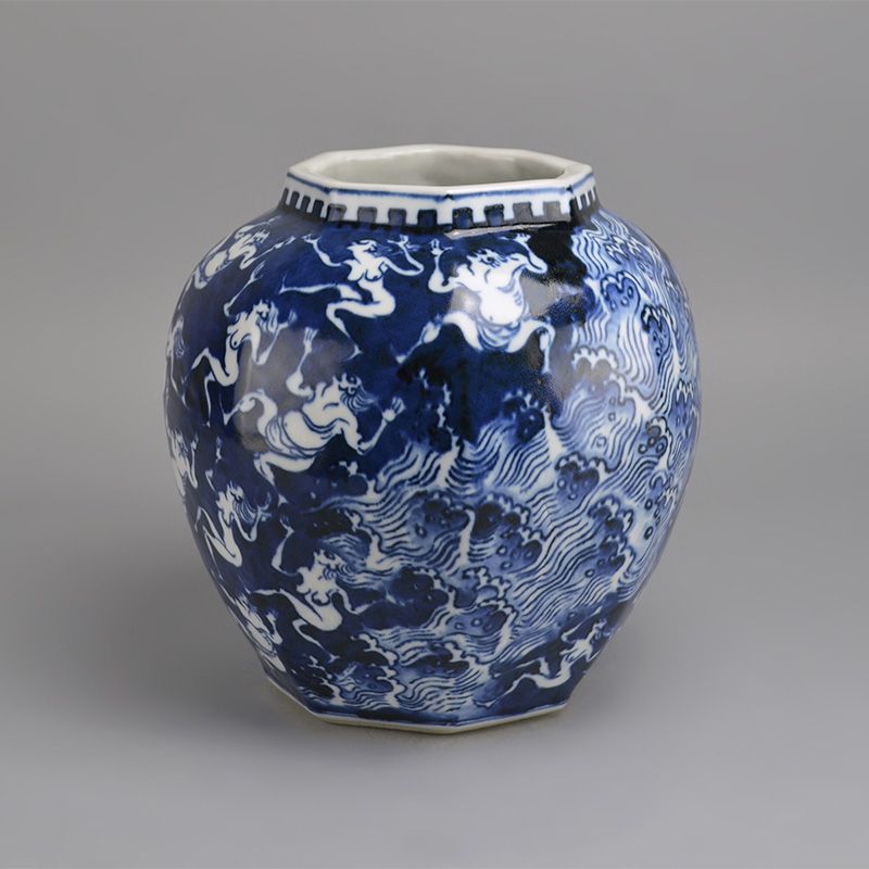 Kawamoto Goro Eight Sided Blue &amp; White Vase, Waves