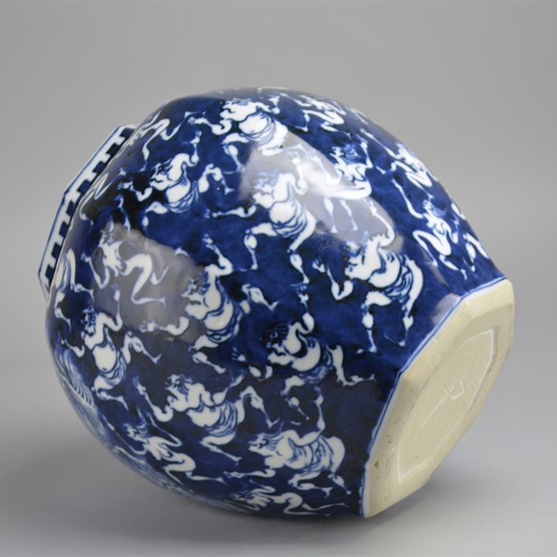 Kawamoto Goro Eight Sided Blue &amp; White Vase, Waves