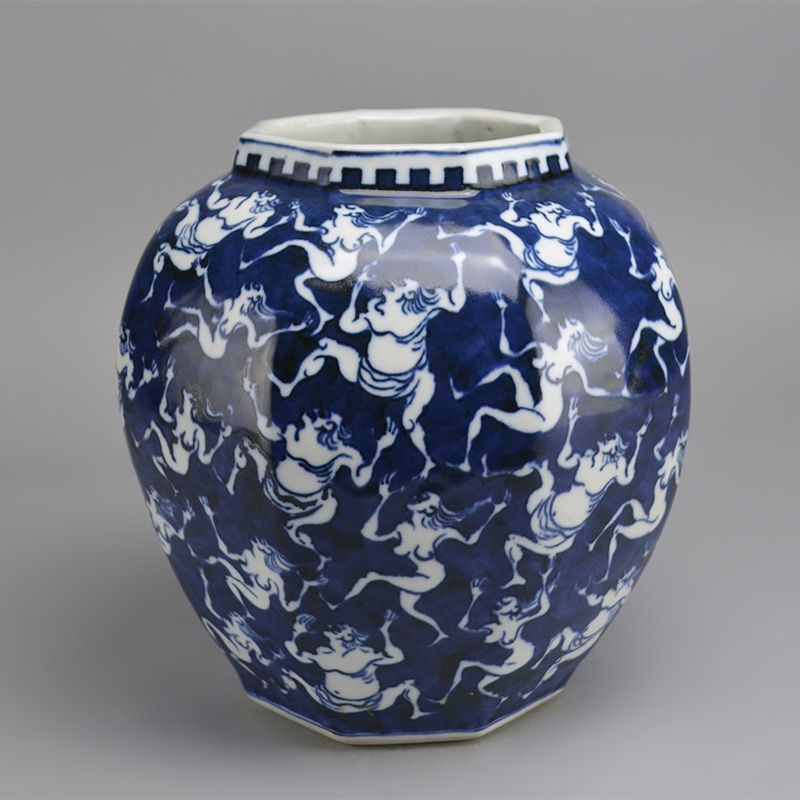 Kawamoto Goro Eight Sided Blue &amp; White Vase, Waves