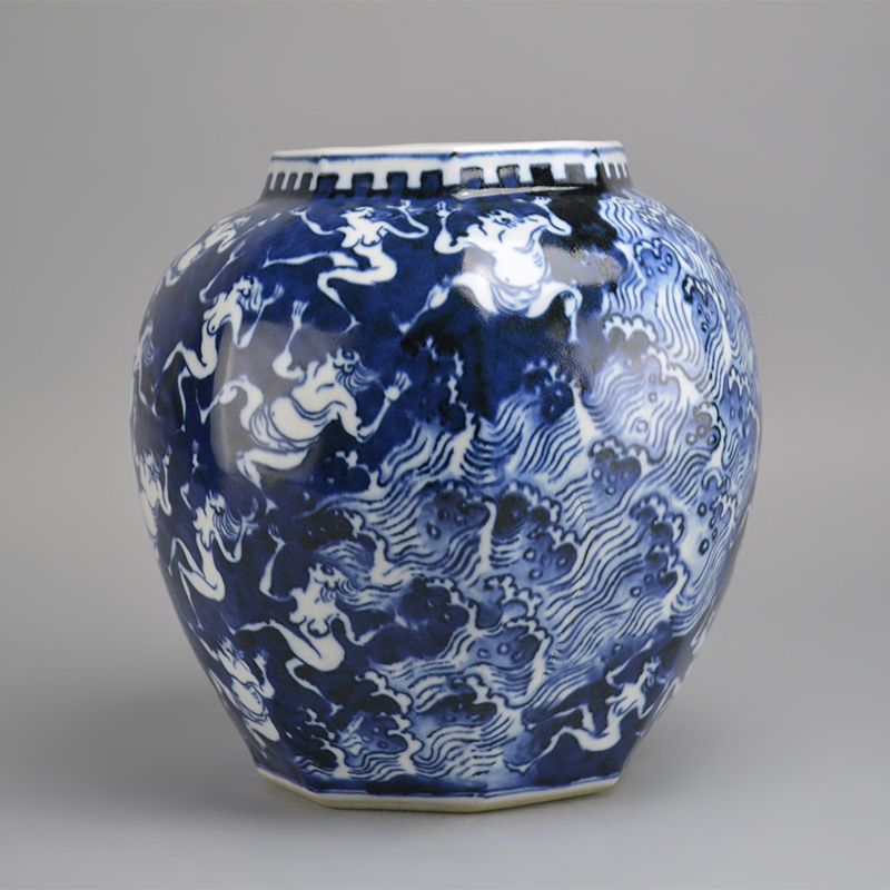 Kawamoto Goro Eight Sided Blue &amp; White Vase, Waves