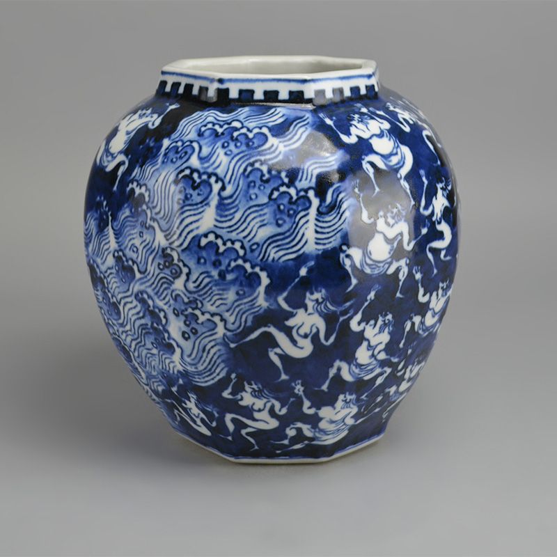 Kawamoto Goro Eight Sided Blue &amp; White Vase, Waves