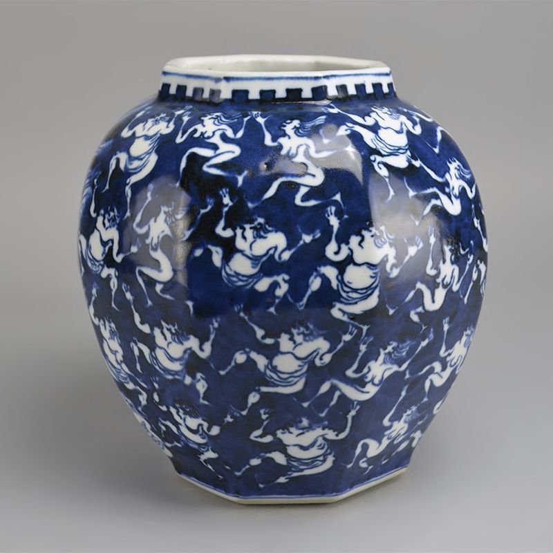 Kawamoto Goro Eight Sided Blue &amp; White Vase, Waves