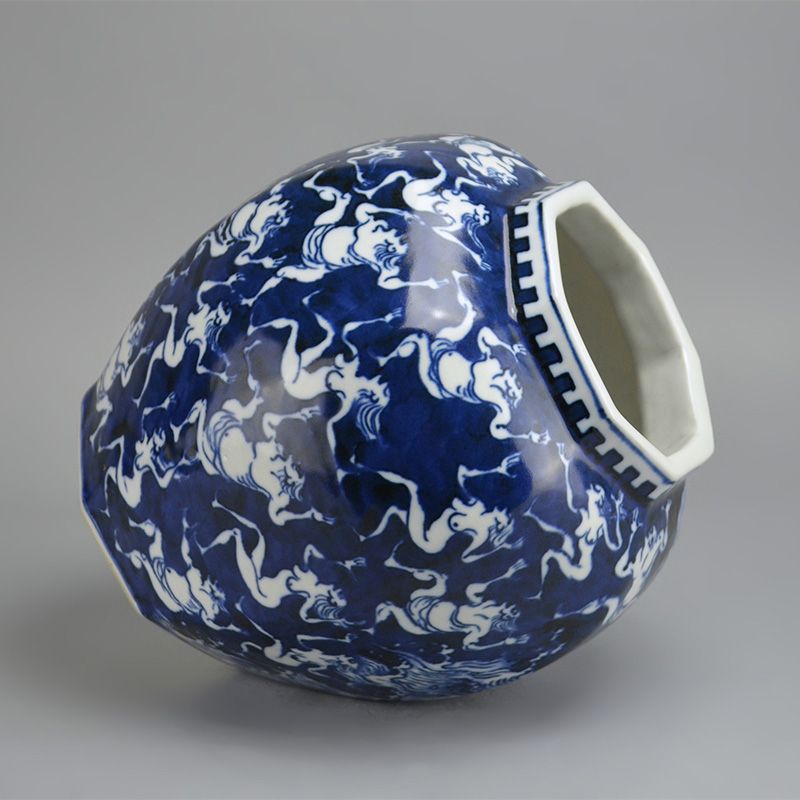 Kawamoto Goro Eight Sided Blue &amp; White Vase, Waves