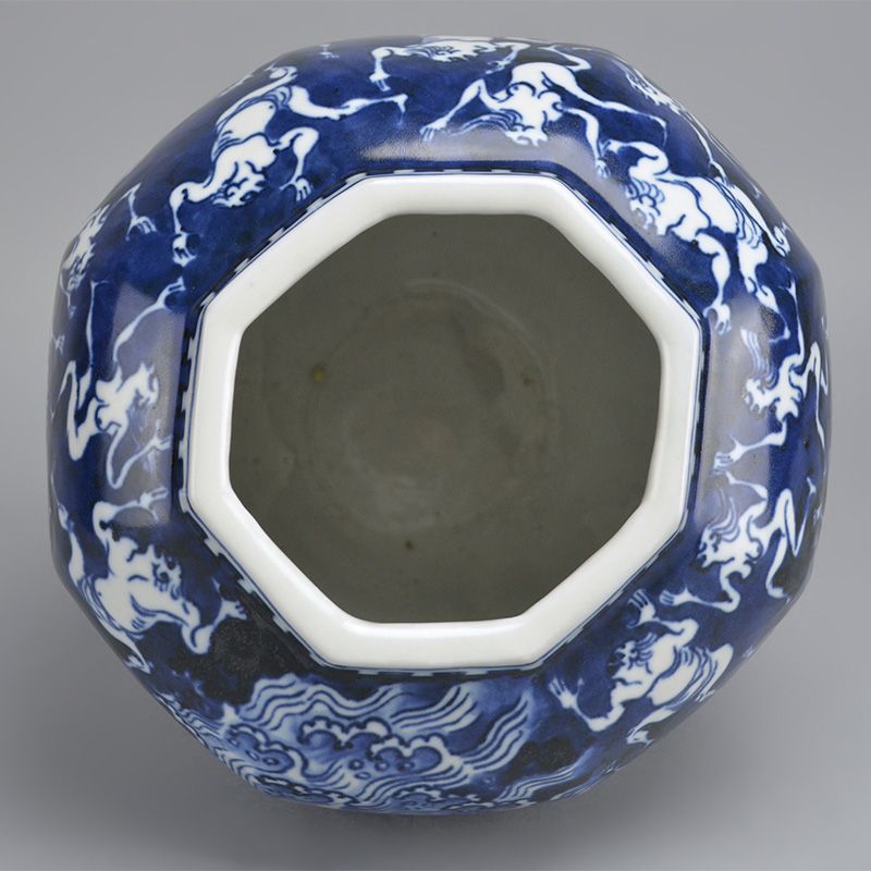 Kawamoto Goro Eight Sided Blue &amp; White Vase, Waves