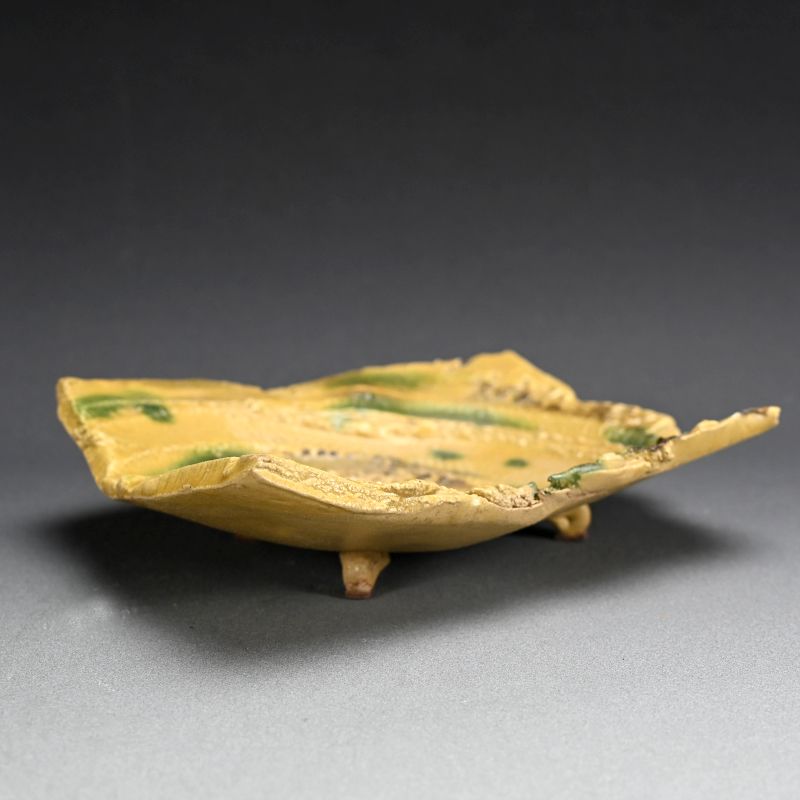 Brilliant Yellow Glazed Swirling Dish by Hayashi Shotaro