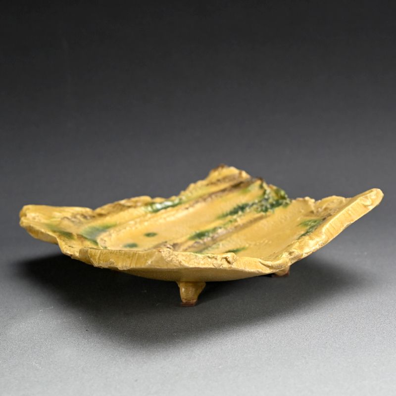 Brilliant Yellow Glazed Swirling Dish by Hayashi Shotaro