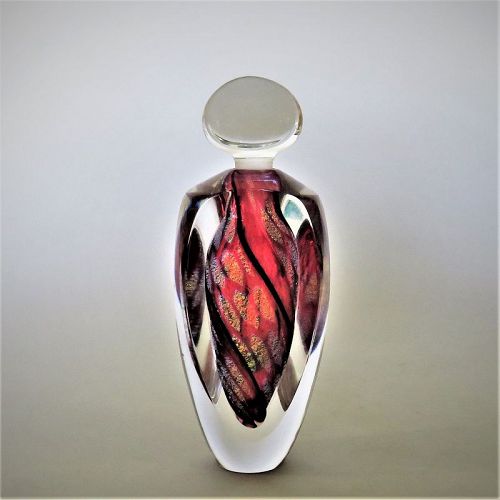 Tim Lazer Ruby Red and Gold Leaf Studio Glass Perfume Bottle (S/N)