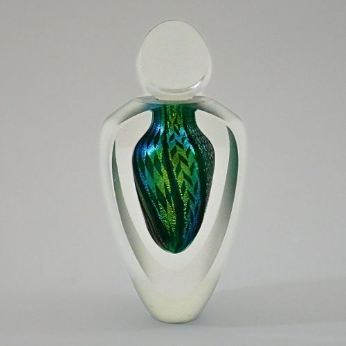 Tim Lazer Green and Gold Leaf Studio Glass Perfume Bottle (S/N)