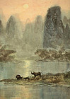 Antique Chinese Hanging Scroll - Dusk Scenery