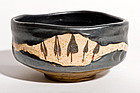 Rare Meiji period black Oribe kutsu gata tea bowl