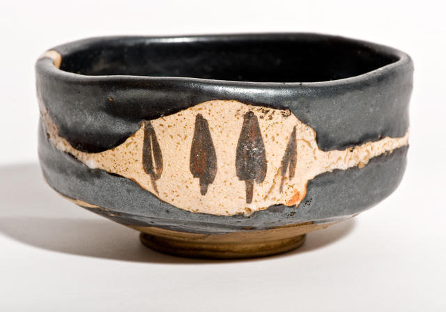 Rare Meiji period black Oribe kutsu gata tea bowl
