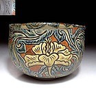 Meiji Period hand painted tea bowl with floral patterns