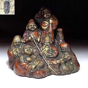 Antique statue of 7 lucky gods - Meiji Period with sign