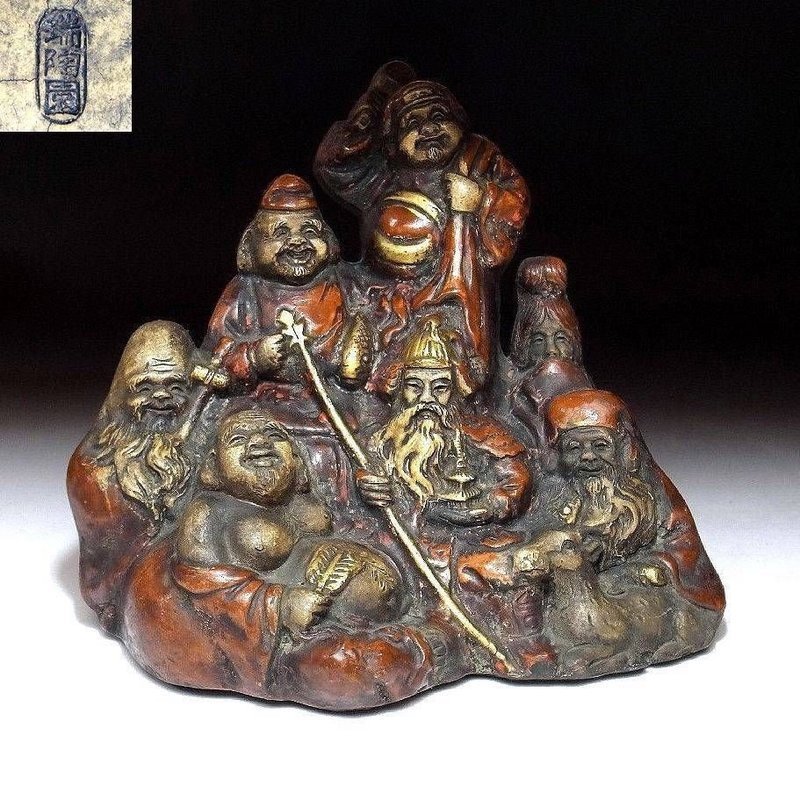 Antique statue of 7 lucky gods - Meiji Period with sign