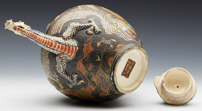 1880's Meiji Period Satsuma Dragon Teapot with holy men