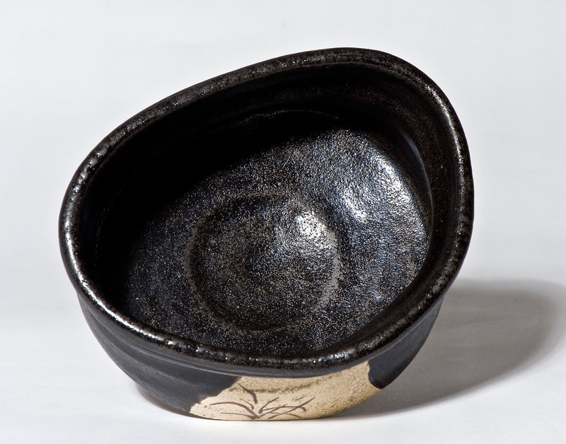 Edo Period kutsu-gata chawan of black oribe ware
