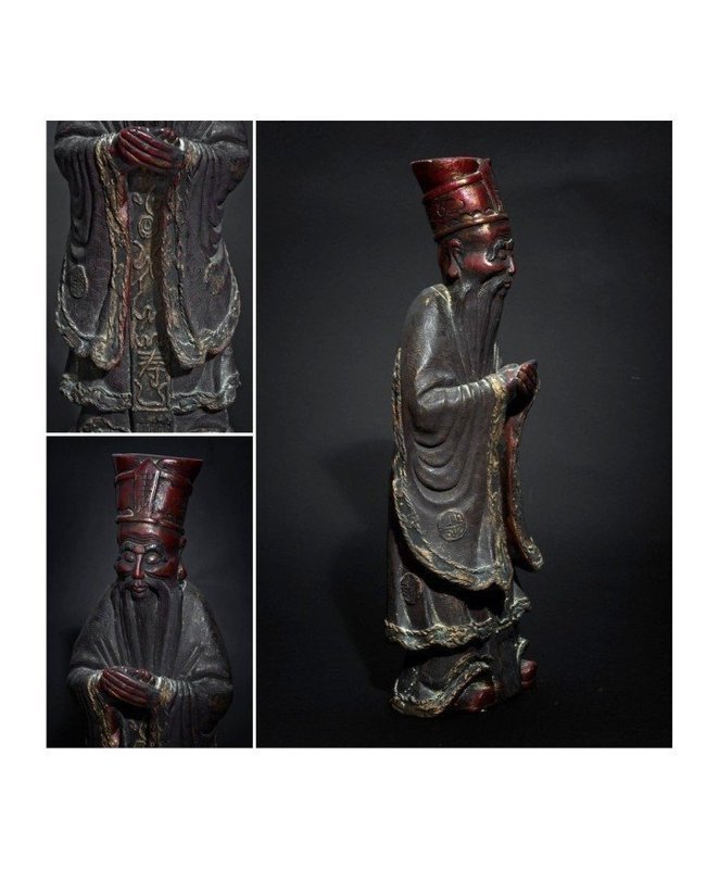 18'' tall Chinese 1850 hand carved wooden statue of great Confucius