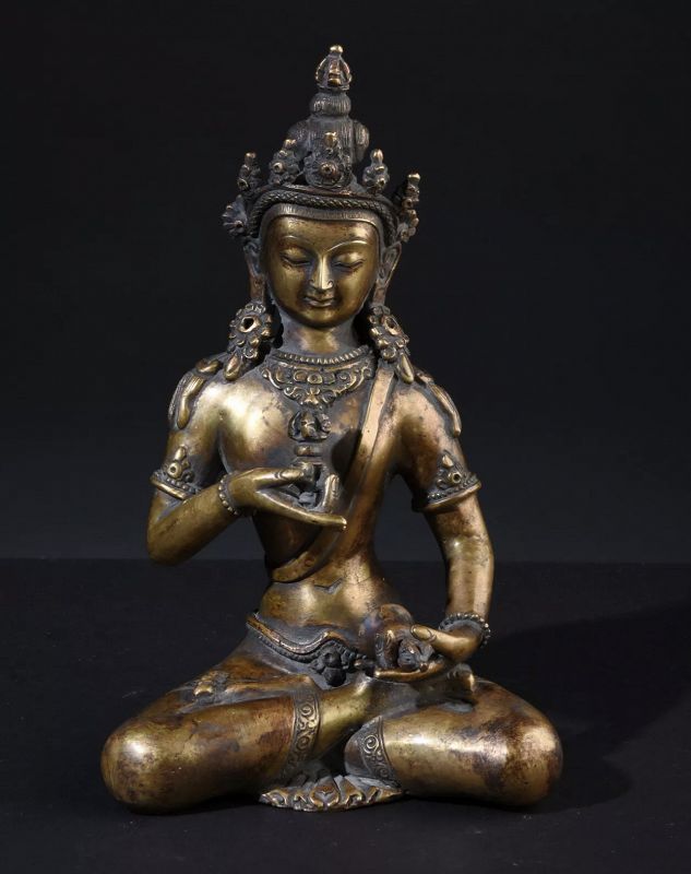 Tibetan Bronze Buddha Vajrasattva on wooden pedestal.