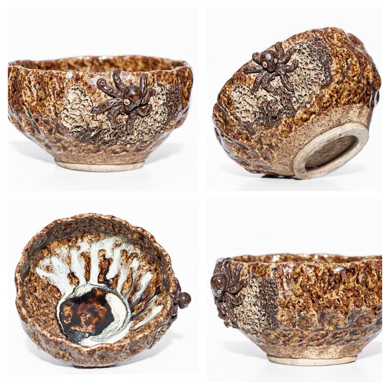 Outstanding Ohi Chawan with Octopus sculture