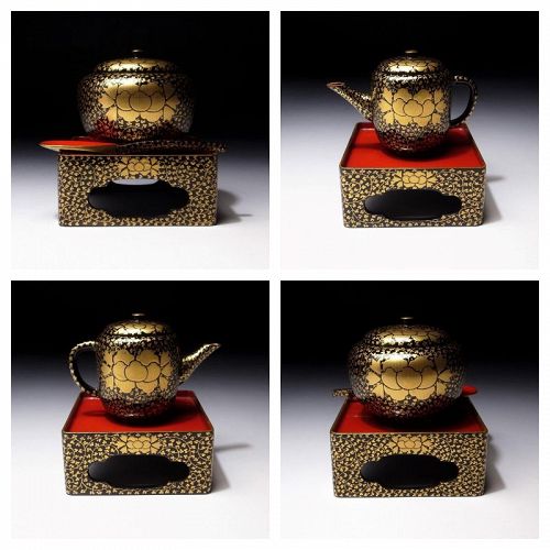 High class set of lacquered gold maki-e tea pot/tea container